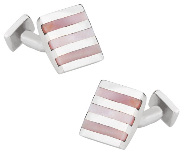 A pair of pink striped cufflinks.
