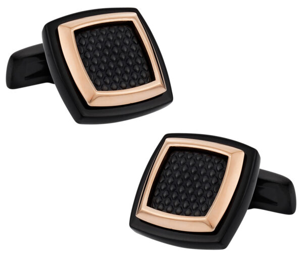 A pair of black and rose gold cufflinks.