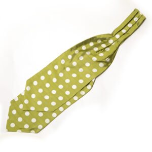 A green tie with white polka dots on it.