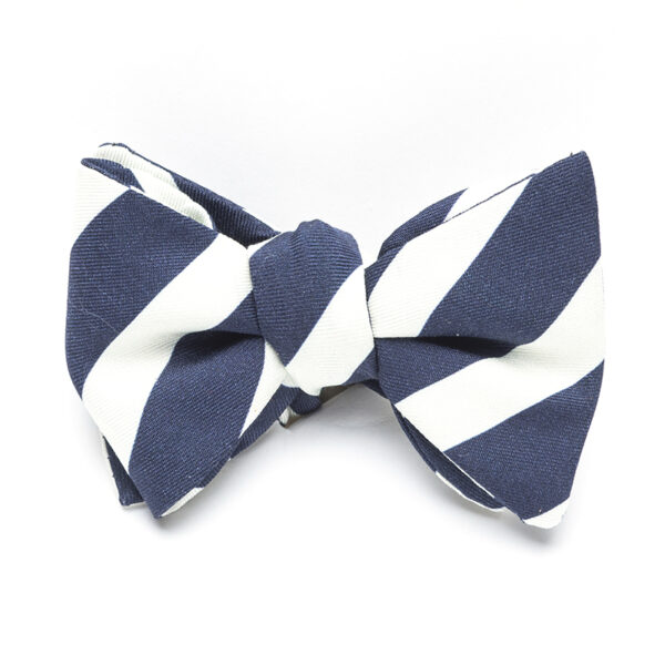 A bow tie with blue and white stripes.