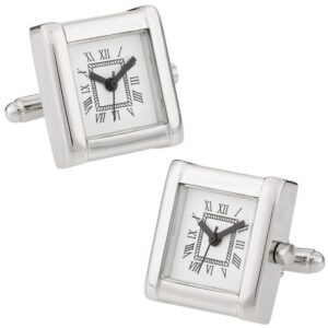A pair of silver cufflinks with roman numerals.