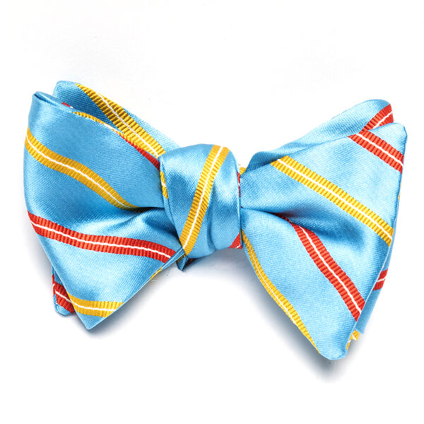 A blue bow tie with yellow, red and white stripes.