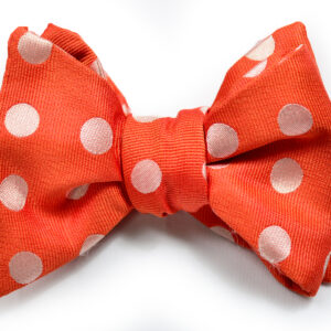 A bow tie with white polka dots on it.