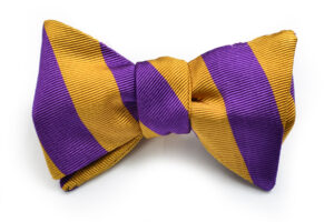 A purple and gold striped bow tie