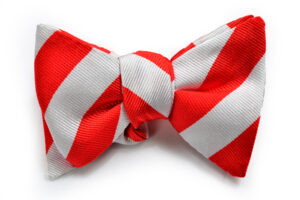 A red and white striped bow tie