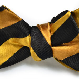A bow tie with black and gold stripes.