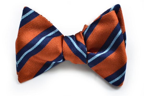 A bow tie with orange and blue stripes.