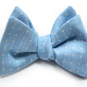 A light blue bow tie with white polka dots.