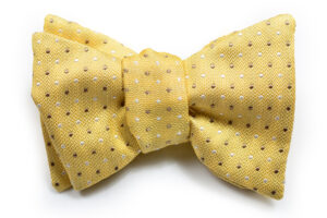 A yellow bow tie with white and brown dots.
