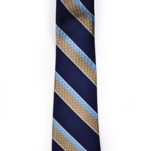 A blue and brown striped tie is shown.