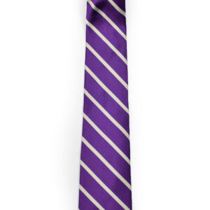 A purple tie with white stripes on it.