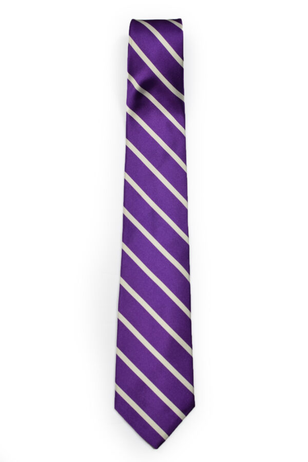 A purple tie with white stripes on it.