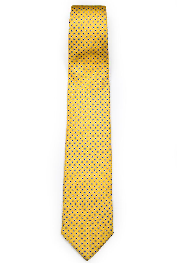 A yellow tie with blue dots on it.